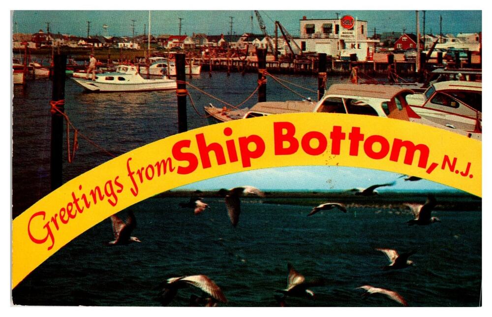 1959 Ship Bottom NJ Marina Boats & Seagulls Greetings Postcard Tichnor Bros
